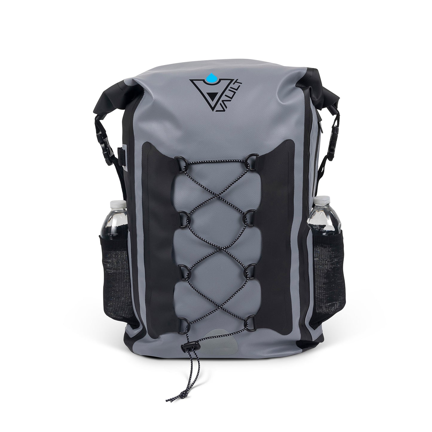 Stretchable mesh drink holders and bungee cord restraint. Prepared for hiking biking or a day on the water.