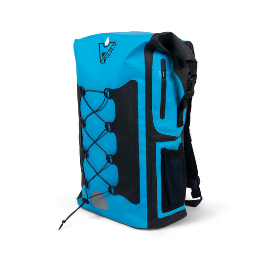 Blue Waterproof Drybag Backpack with zipper key pouch and secure drink holder