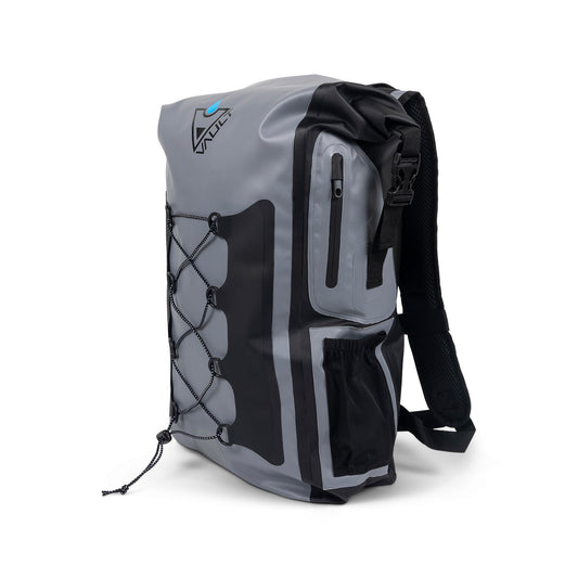 Gray Blue Waterproof Drybag Backpack with zipper key pouch and secure drink holder