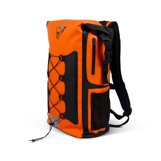 Orange Blue Waterproof Drybag Backpack with zipper key pouch and secure drink holder