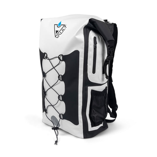 White Waterproof Drybag Backpack with zipper key pouch and secure drink holder